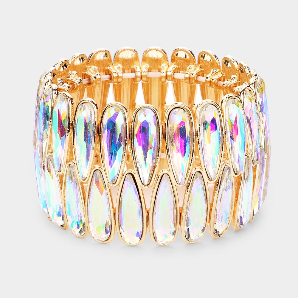 Madeline Love AB, Gold 2Rows Elongated Teardrop Stone Cluster Stretch Evening Bracelet - Bracelets