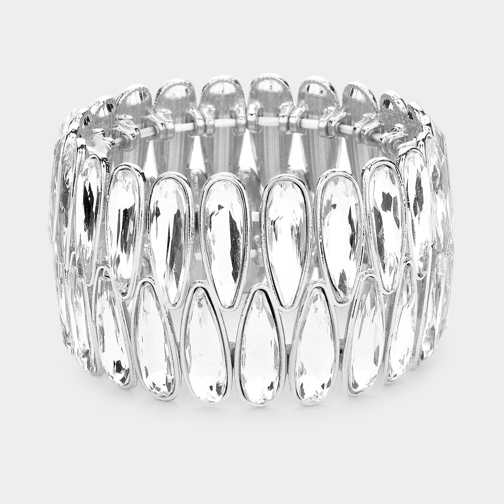 Madeline Love Silver 2Rows Elongated Teardrop Stone Cluster Stretch Evening Bracelet - Bracelets