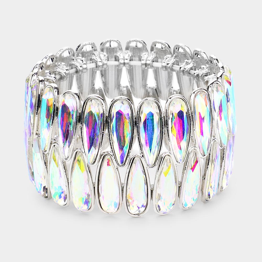 Madeline Love AB, Silver 2Rows Elongated Teardrop Stone Cluster Stretch Evening Bracelet - Bracelets