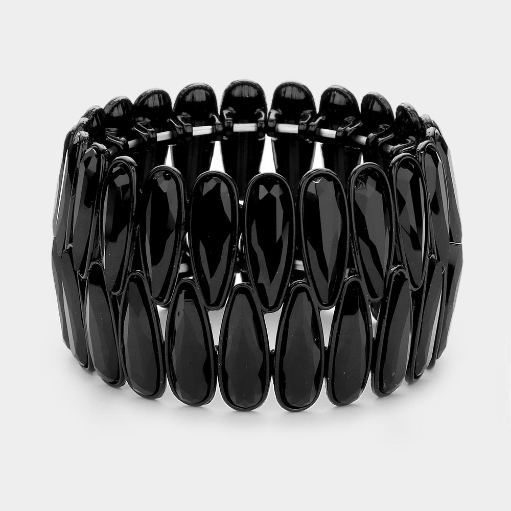 Madeline Love Jet Black 2Rows Elongated Teardrop Stone Cluster Stretch Evening Bracelet - Bracelets