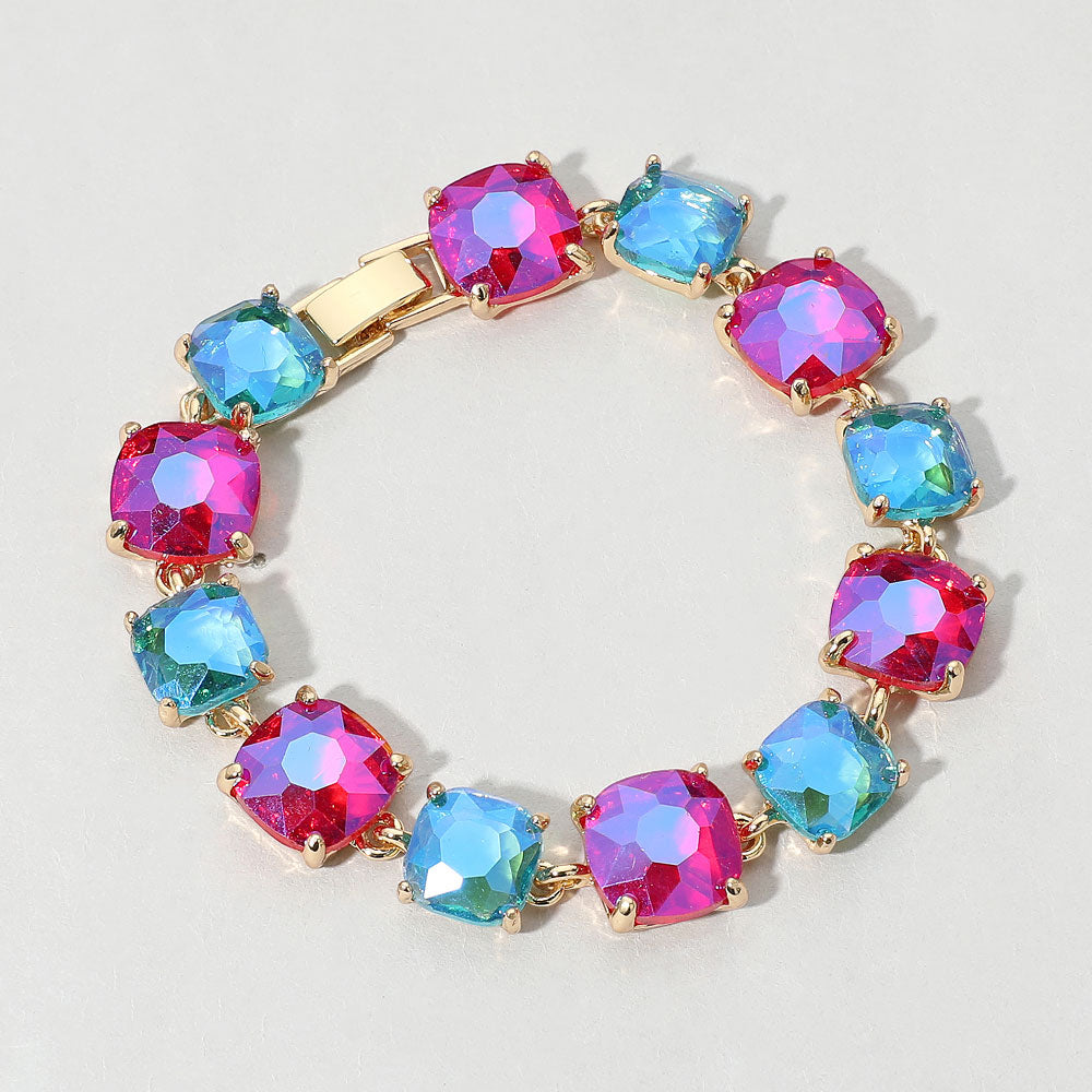 Madeline Love Blue, Fuchsia Cushion Square Stone Link Evening Bracelet