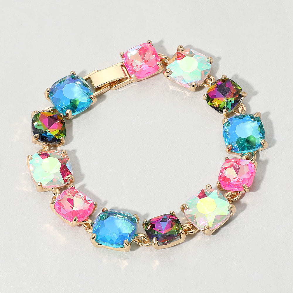 Madeline Love Gold, Multi, Vitrail Medium Cushion Square Stone Link Evening Bracelet