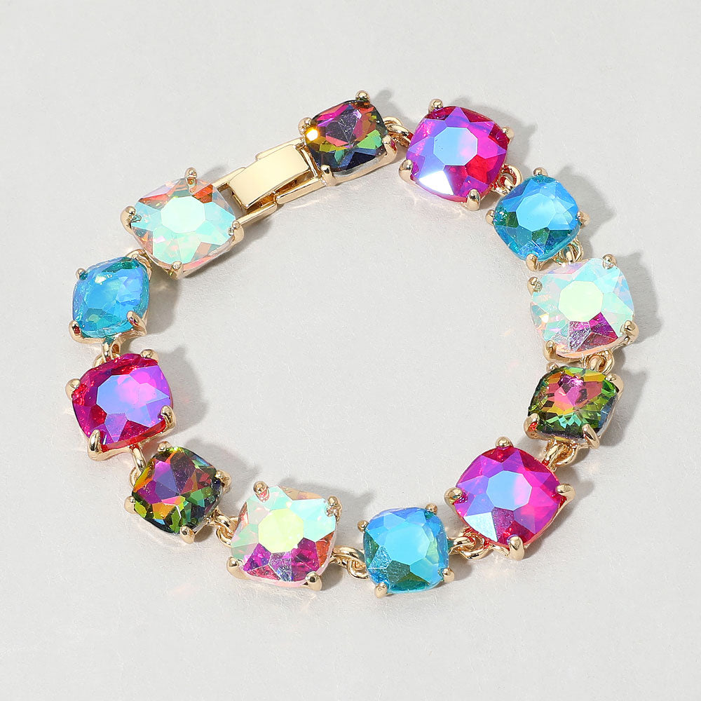 Madeline Love Gold, Multi, Purple Cushion Square Stone Link Evening Bracelet