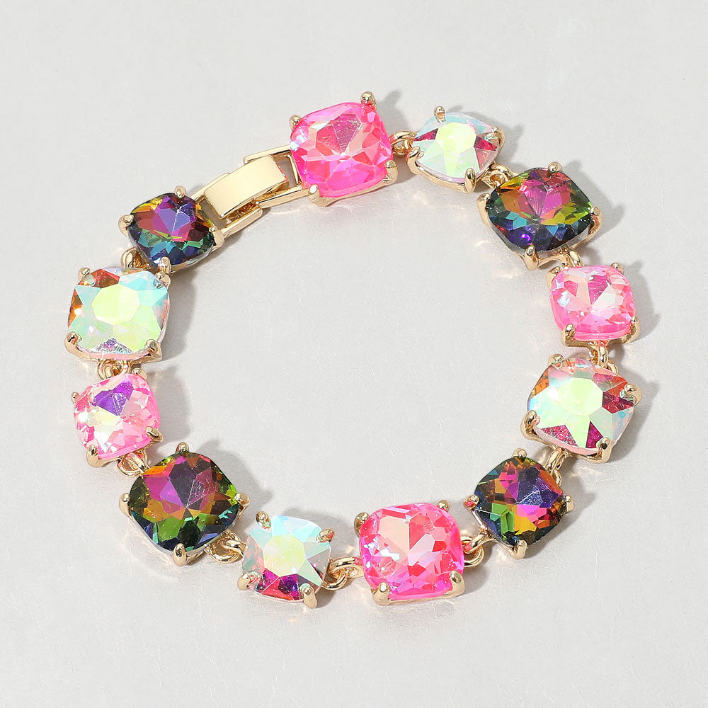 Madeline Love Fuchsia, Gold, Multi Cushion Square Stone Link Evening Bracelet