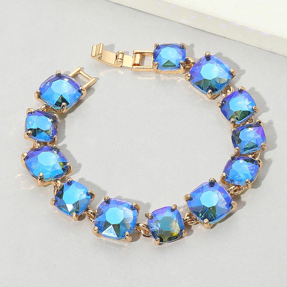 Madeline Love AB, Royal Blue Cushion Square Stone Link Evening Bracelet