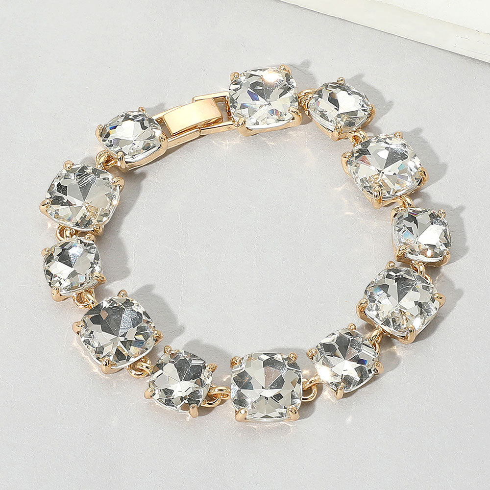 Madeline Love Clear, Gold Cushion Square Stone Link Evening Bracelet