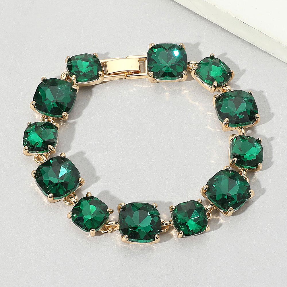 Madeline Love Emerald, Gold Cushion Square Stone Link Evening Bracelet