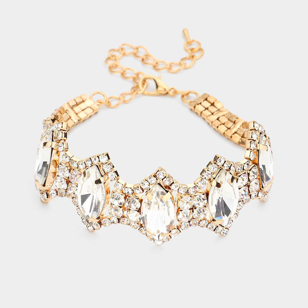 Madeline Love Gold Marquise Glass Stone Cluster Link Rhinestone Pave Evening Bracelet