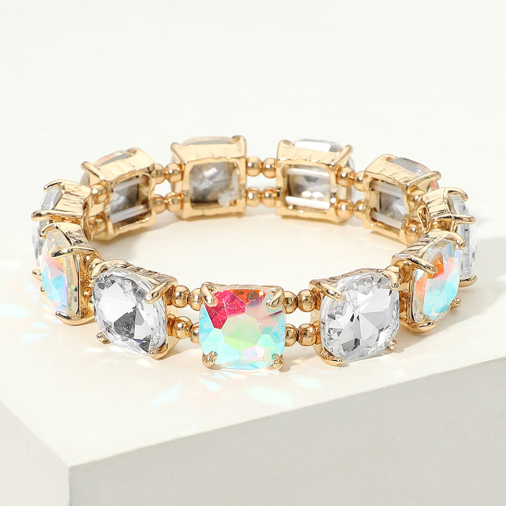 Madeline Love AB, Gold Cushion Square Stone Stretch Evening Bracelet