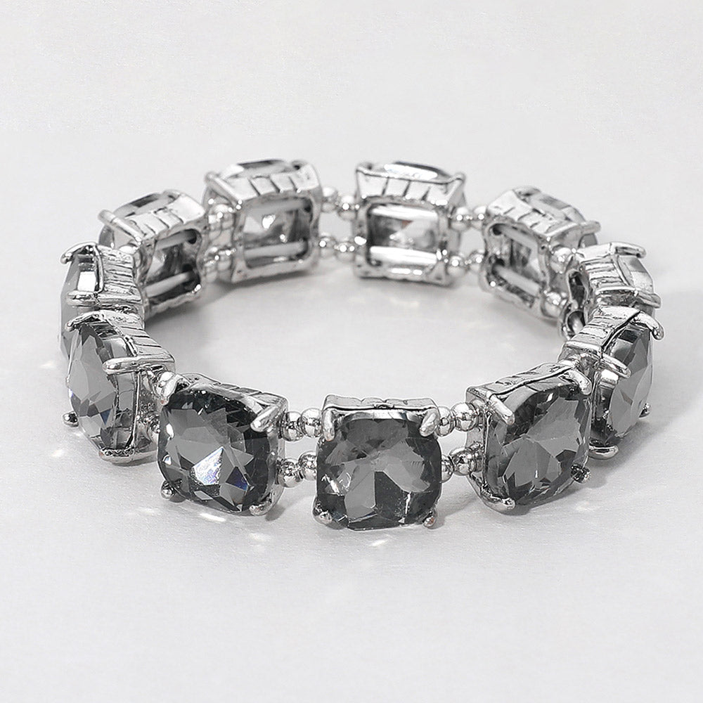 Madeline Love Antique Silver, Black Diamond Cushion Square Stone Stretch Evening Bracelet