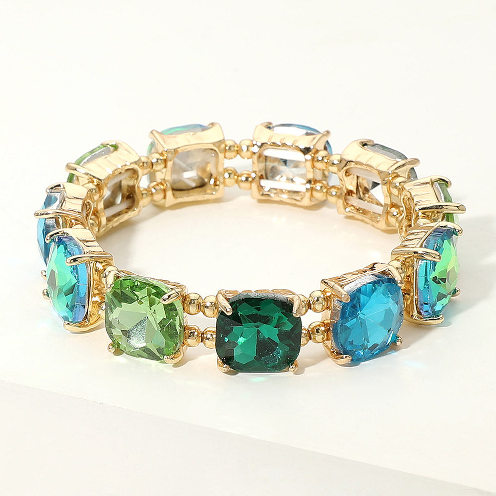 Madeline Love Green, Multi Cushion Square Stone Stretch Evening Bracelet