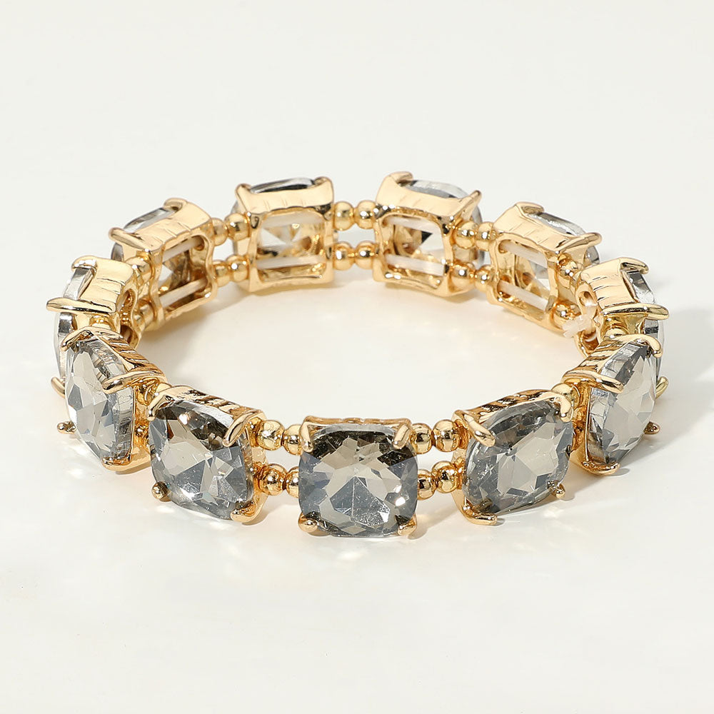 Madeline Love AB, Black Diamond, Gold Cushion Square Stone Stretch Evening Bracelet