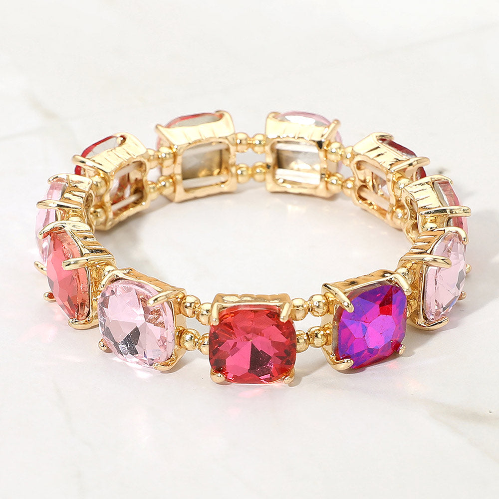 Madeline Love Multi, Pink Cushion Square Stone Stretch Evening Bracelet