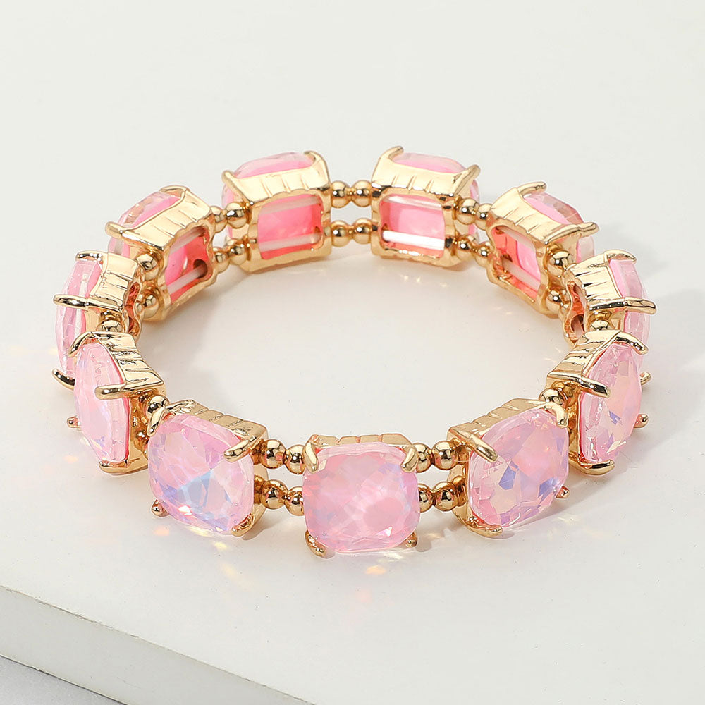 Madeline Love Opal, Pink Cushion Square Stone Stretch Evening Bracelet