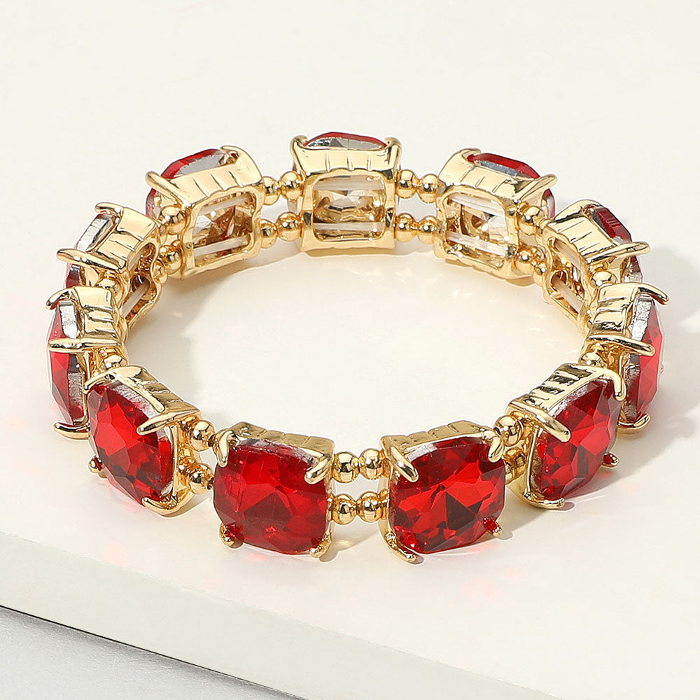 Madeline Love Gold, Red Cushion Square Stone Stretch Evening Bracelet