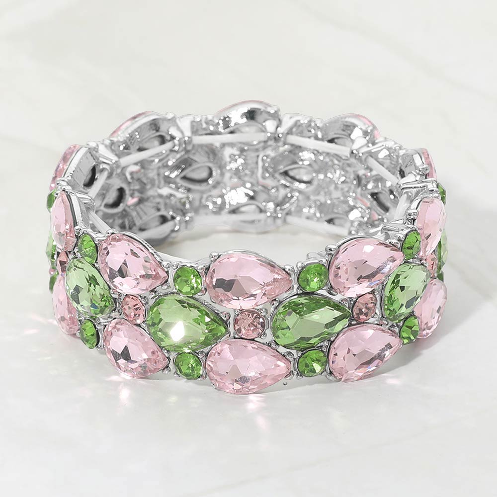 Madeline Love Pink&Green, Silver Teardrop Stone Accented Stretch Evening Bracelet - Bracelets