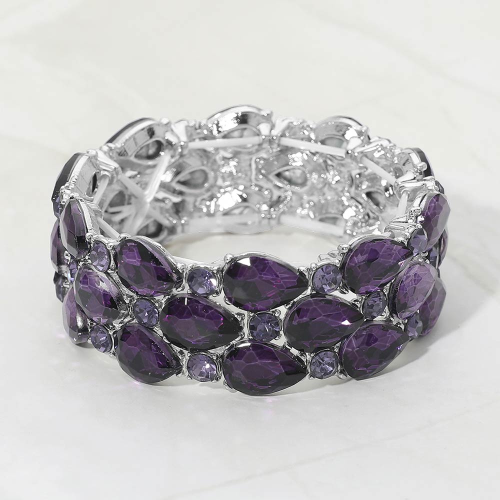 Madeline Love Purple , Silver Teardrop Stone Accented Stretch Evening Bracelet - Bracelets