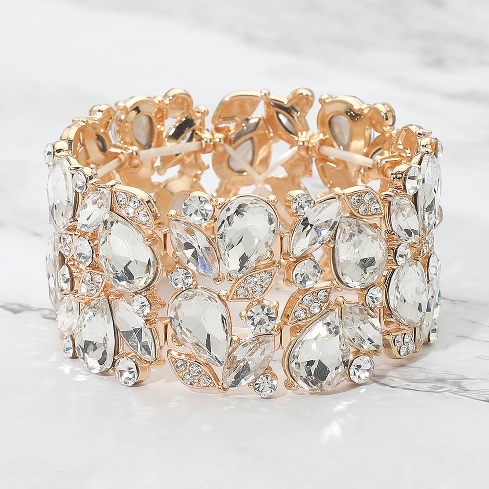 Madeline Love Clear, Gold Teardrop Marquise Stone Leaf Cluster Stretch Evening Bracelet