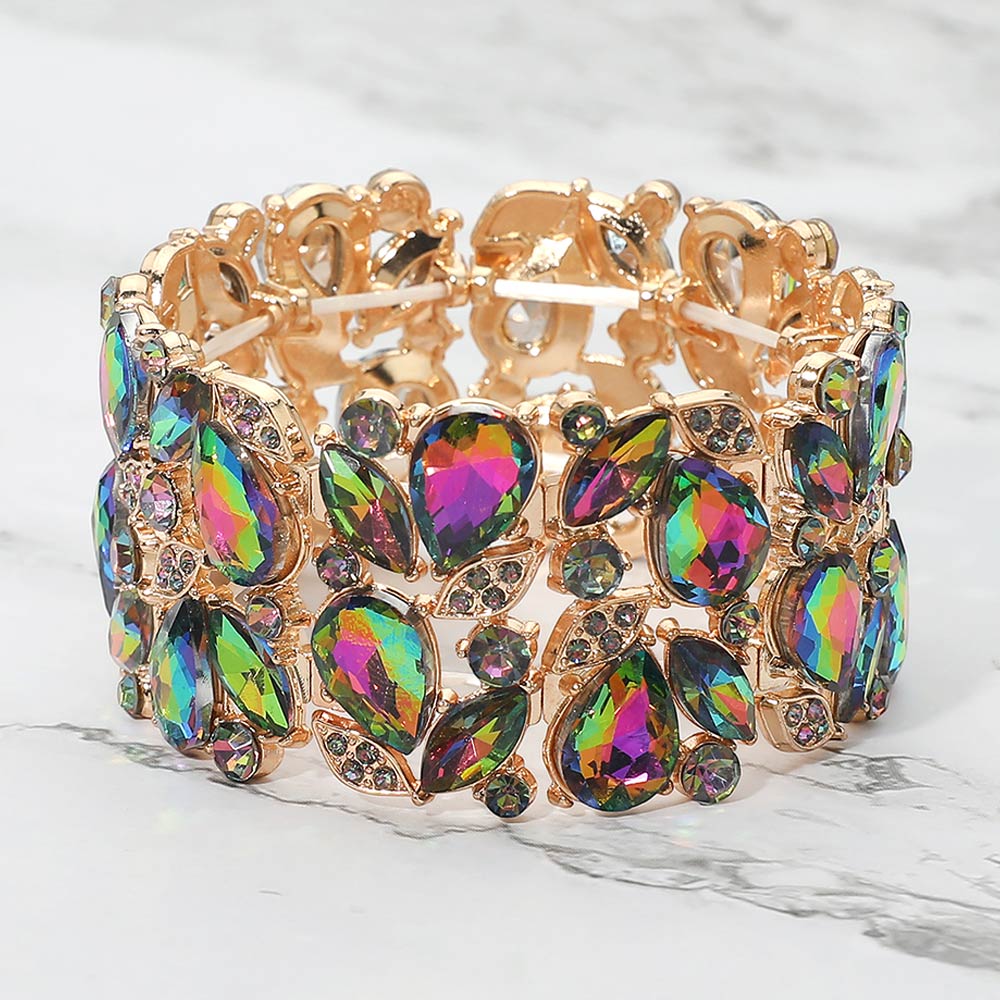 Madeline Love Gold, Vitrail Medium Teardrop Marquise Stone Leaf Cluster Stretch Evening Bracelet