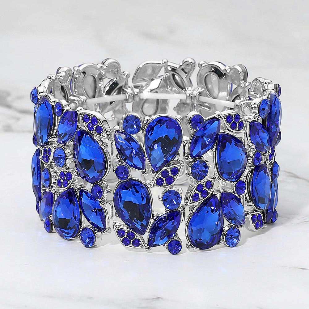 Madeline Love Sapphire, Silver Teardrop Marquise Stone Leaf Cluster Stretch Evening Bracelet