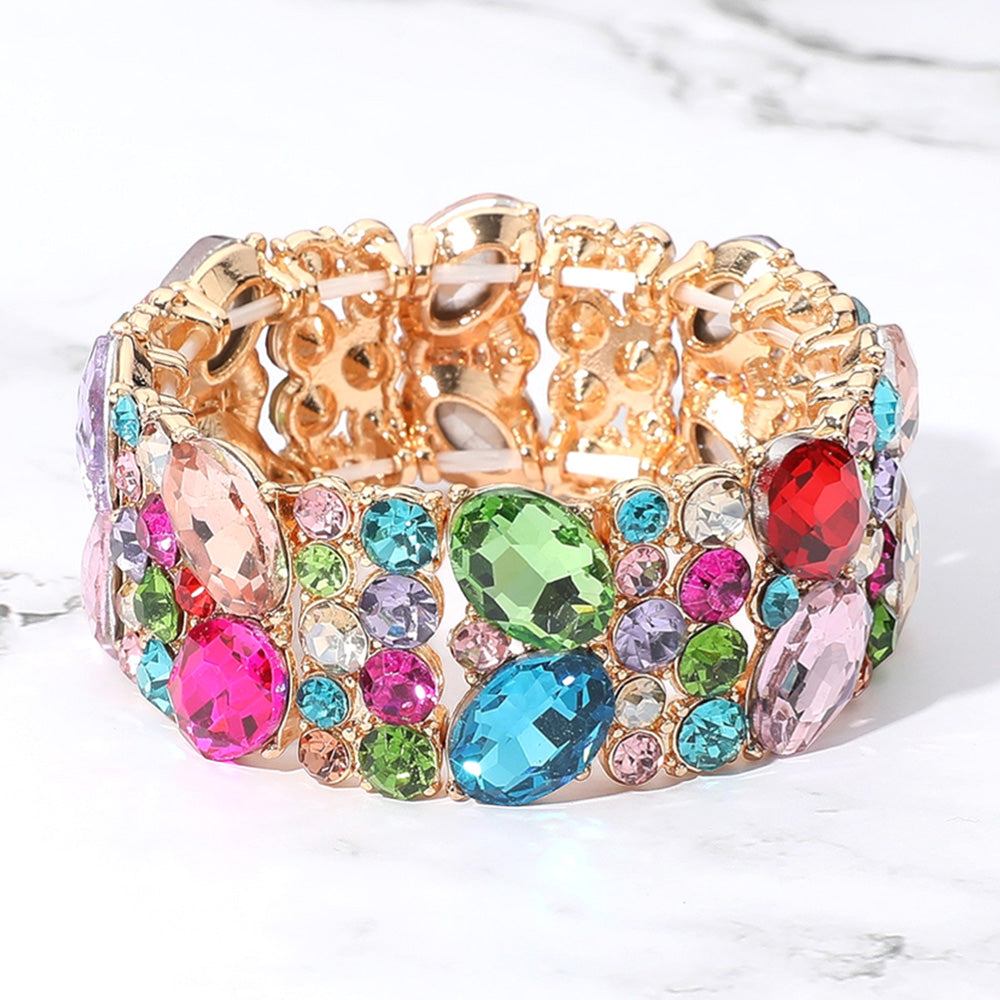 Madeline Love Gold, Multi Glass Crystal Oval Round Stretch Evening Bracelet