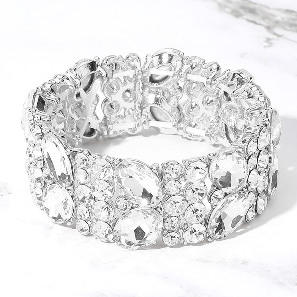 Madeline Love Clear, Silver Glass Crystal Oval Round Stretch Evening Bracelet