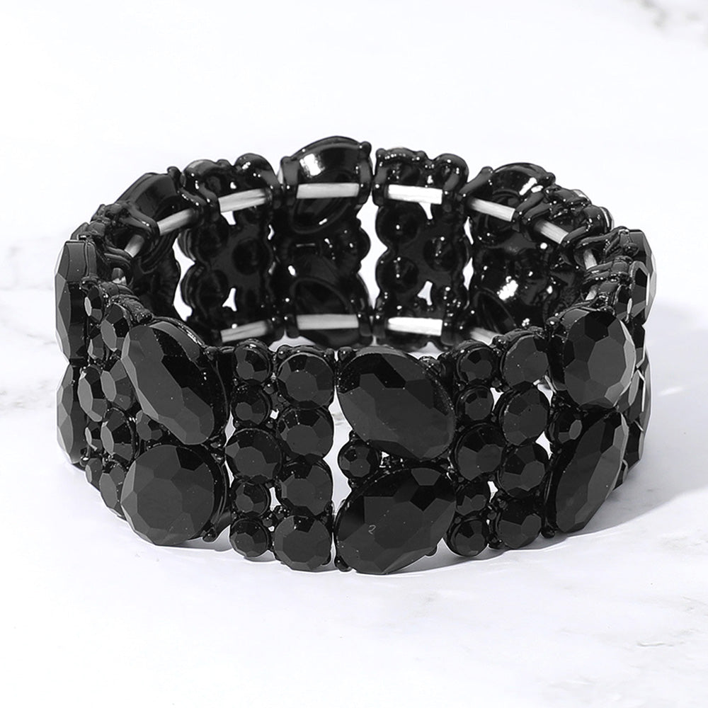 Madeline Love Black, Jet Black Glass Crystal Oval Round Stretch Evening Bracelet
