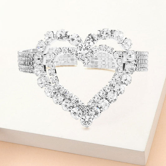 Stone Embellished Open Heart Cuff Evening Bracelet - Silver - Bracelets
