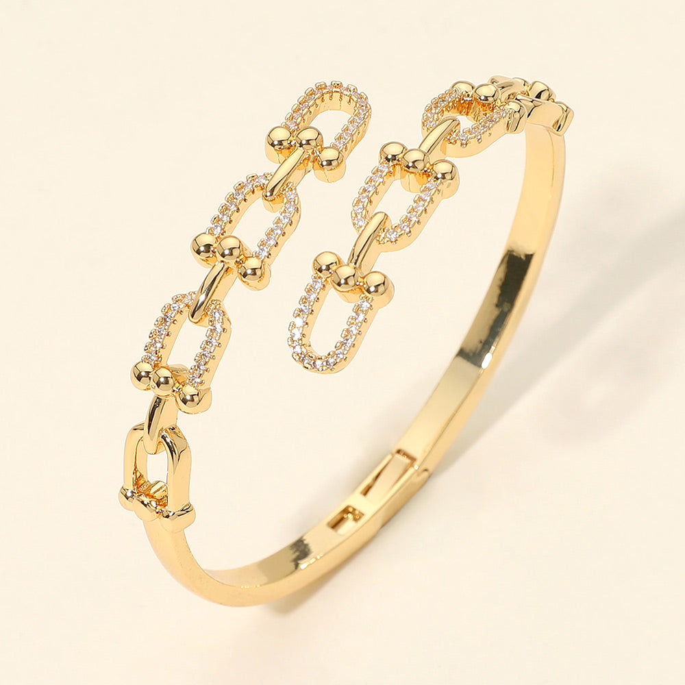 Madeline Love Gold CZ Pave Industrial Link Double Row Hinged Bangle Bracelet