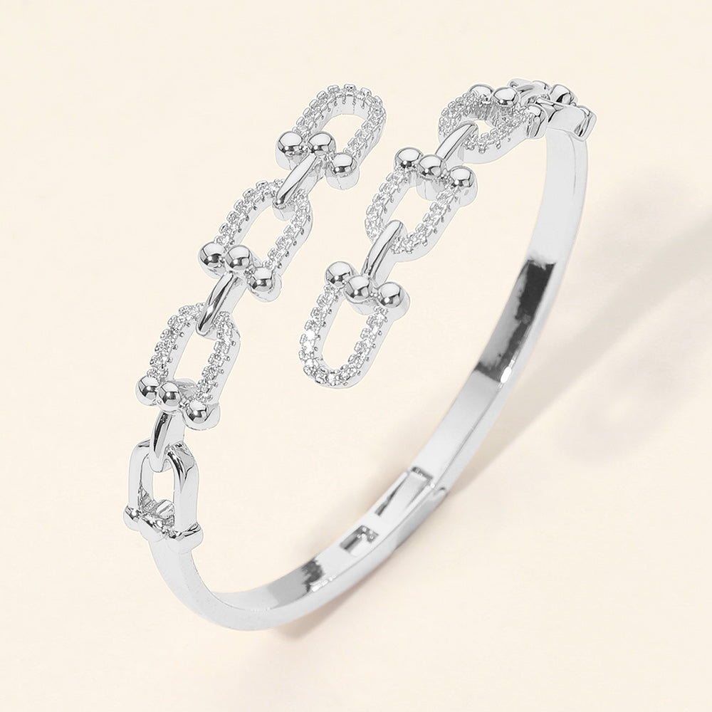 Madeline Love Rhodium CZ Pave Industrial Link Double Row Hinged Bangle Bracelet