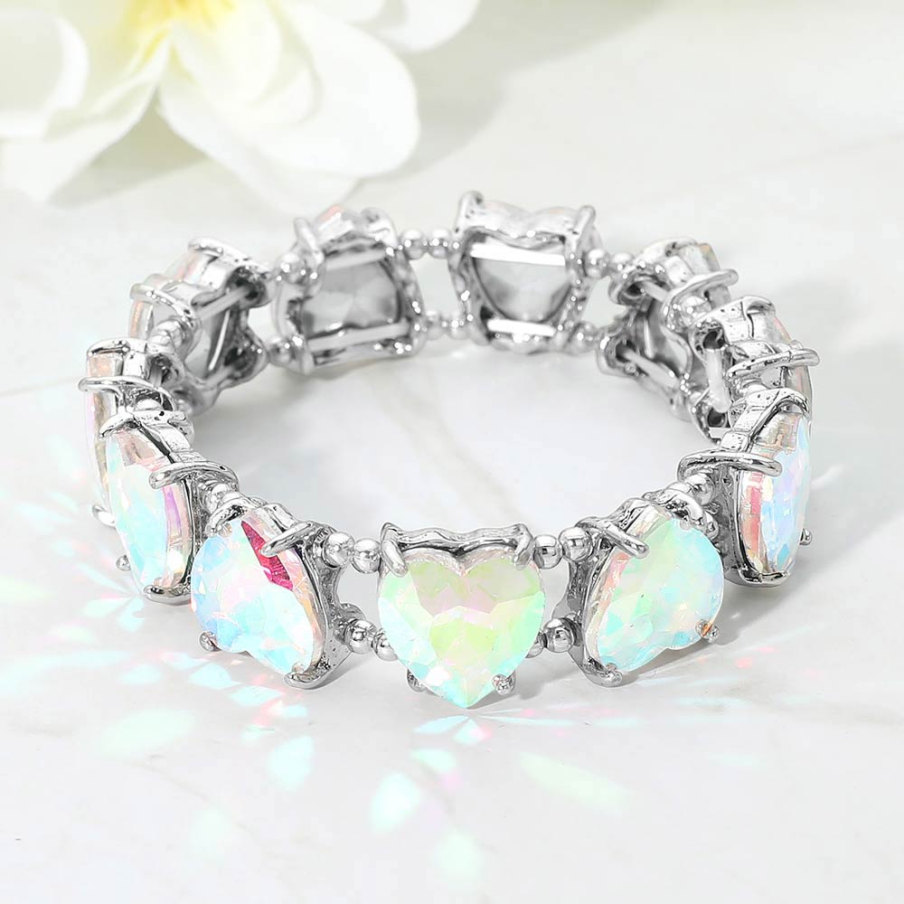 Madeline Love AB, Antique Silver Heart Stone Cluster Beaded Stretch Evening Bracelet - Bracelets