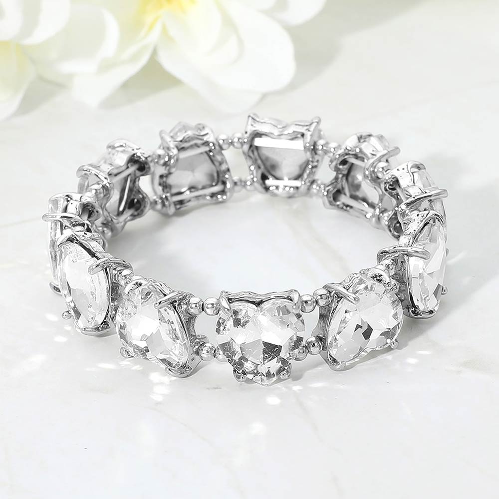 Madeline Love Antique Silver, Clear Heart Stone Cluster Beaded Stretch Evening Bracelet - Bracelets