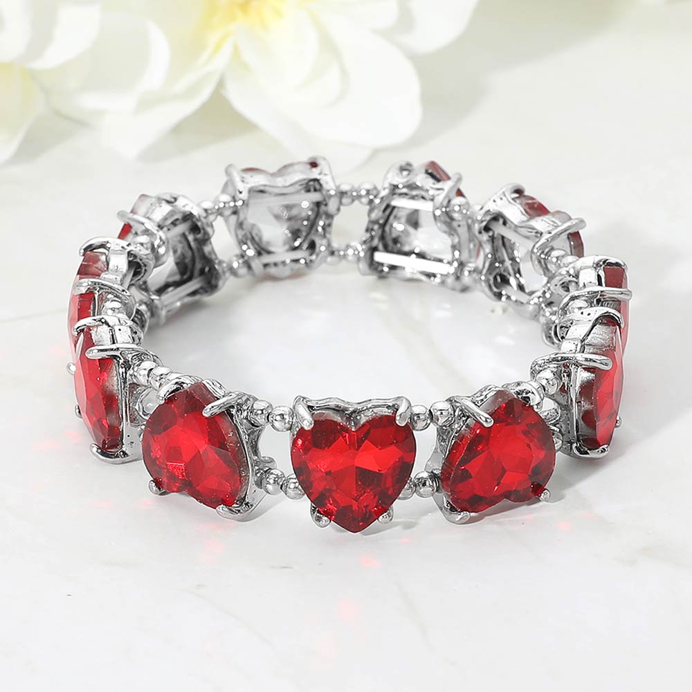 Madeline Love Antique Silver, Red Heart Stone Cluster Beaded Stretch Evening Bracelet - Bracelets