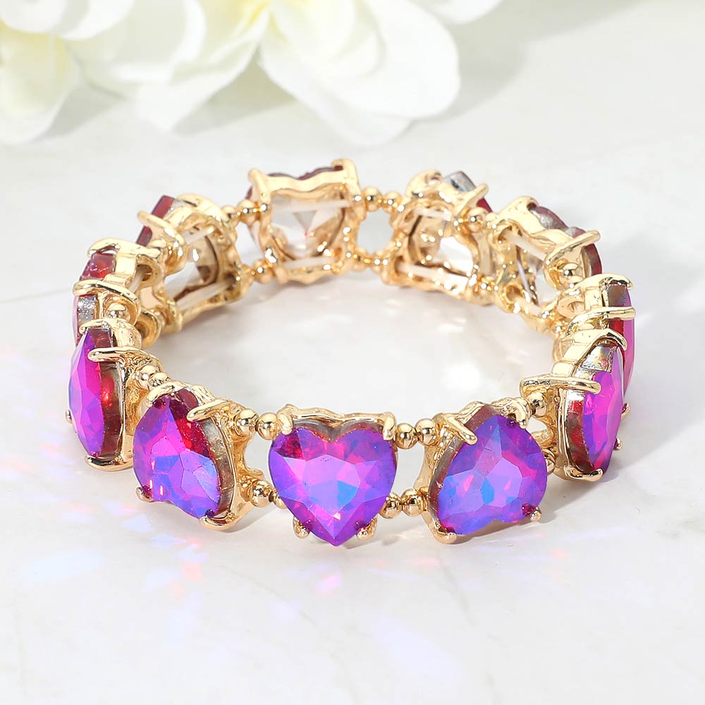 Madeline Love AB, Fuchsia Heart Stone Cluster Beaded Stretch Evening Bracelet - Bracelets