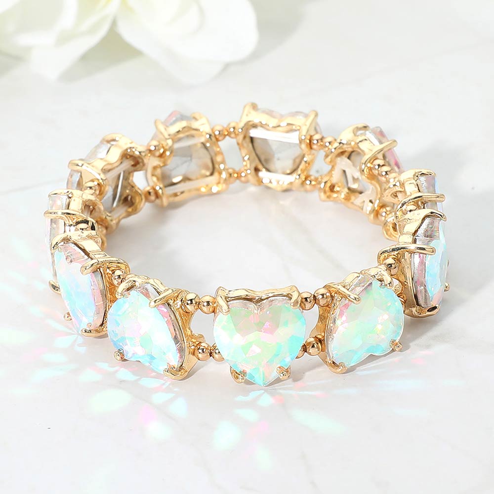 Madeline Love AB, Gold Heart Stone Cluster Beaded Stretch Evening Bracelet - Bracelets