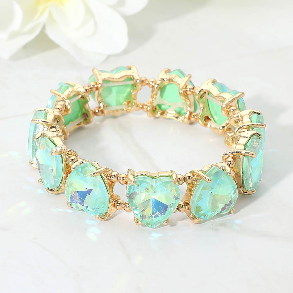 Madeline Love AB, Mint Heart Stone Cluster Beaded Stretch Evening Bracelet - Bracelets
