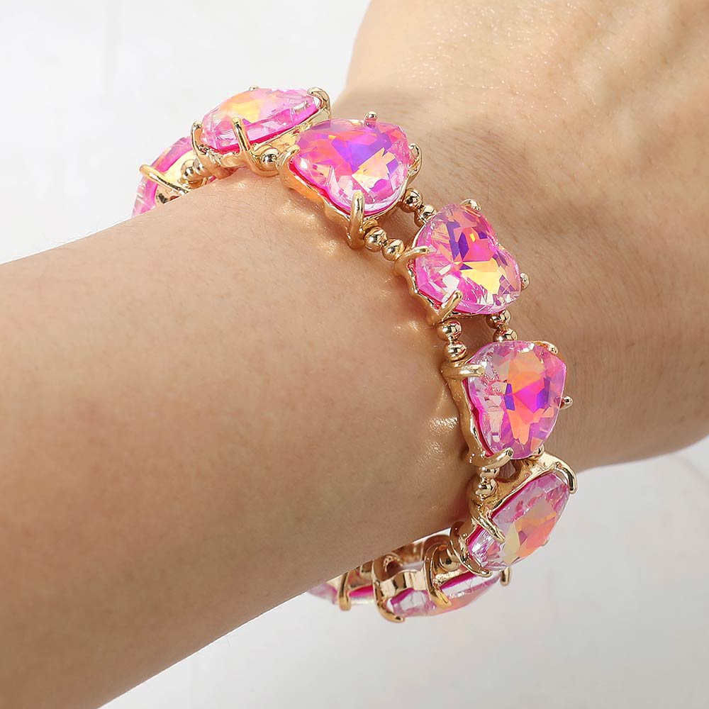 Madeline Love AB, Fuchsia, Neon Heart Stone Cluster Beaded Stretch Evening Bracelet - Bracelets
