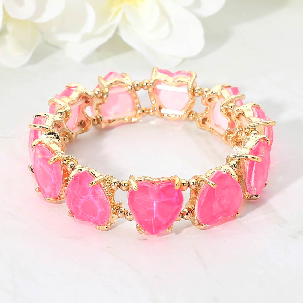 Madeline Love Fuchsia, Neon Heart Stone Cluster Beaded Stretch Evening Bracelet - Bracelets