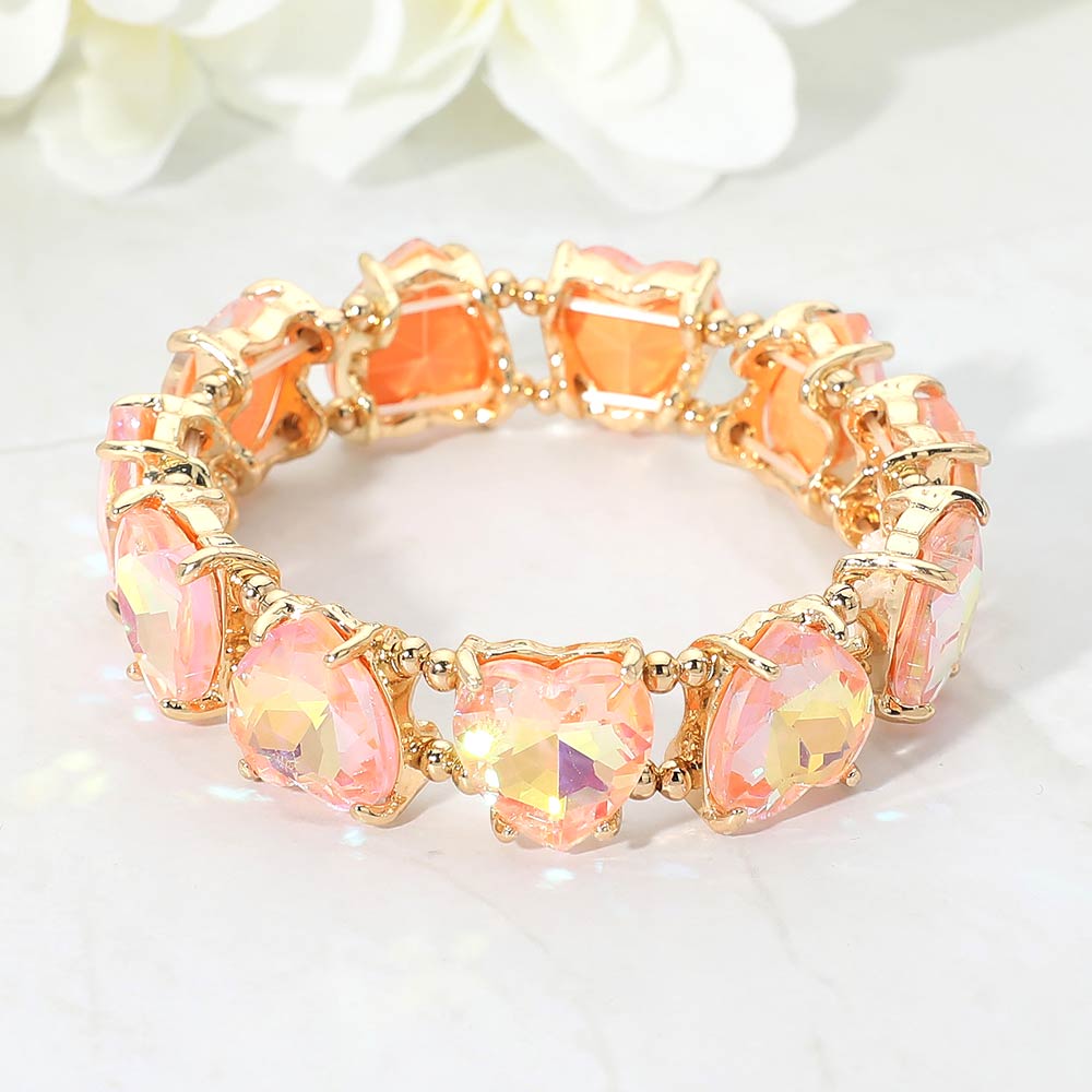 Madeline Love AB, Pink Heart Stone Cluster Beaded Stretch Evening Bracelet - Bracelets