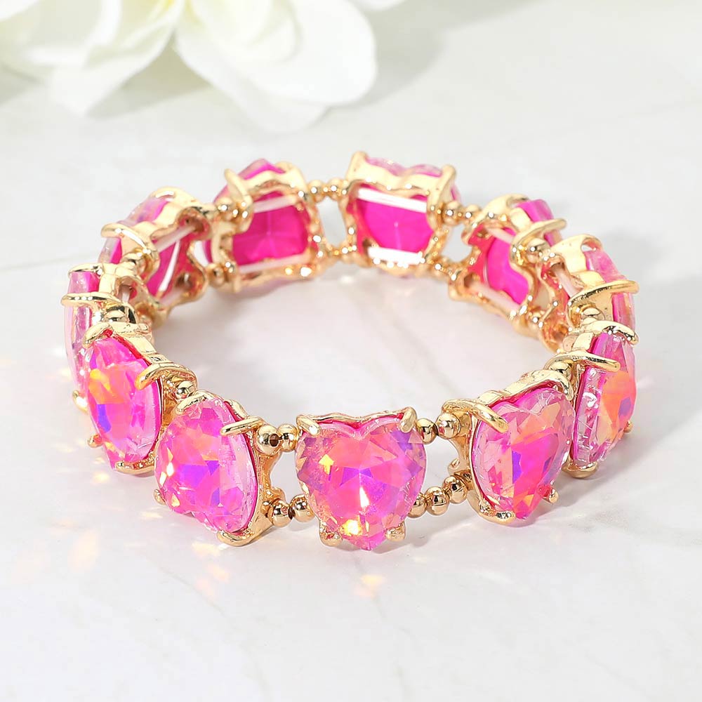 Madeline Love Hot Pink Heart Stone Cluster Beaded Stretch Evening Bracelet - Bracelets