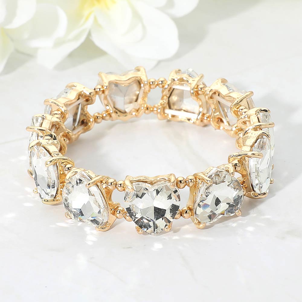 Madeline Love Clear, Gold Heart Stone Cluster Beaded Stretch Evening Bracelet - Bracelets