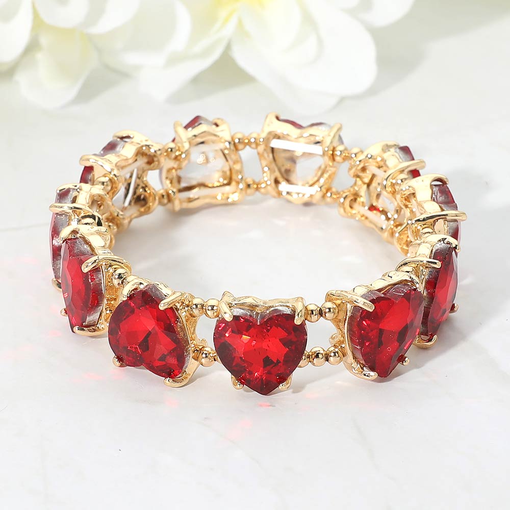 Madeline Love Gold, Red Heart Stone Cluster Beaded Stretch Evening Bracelet - Bracelets