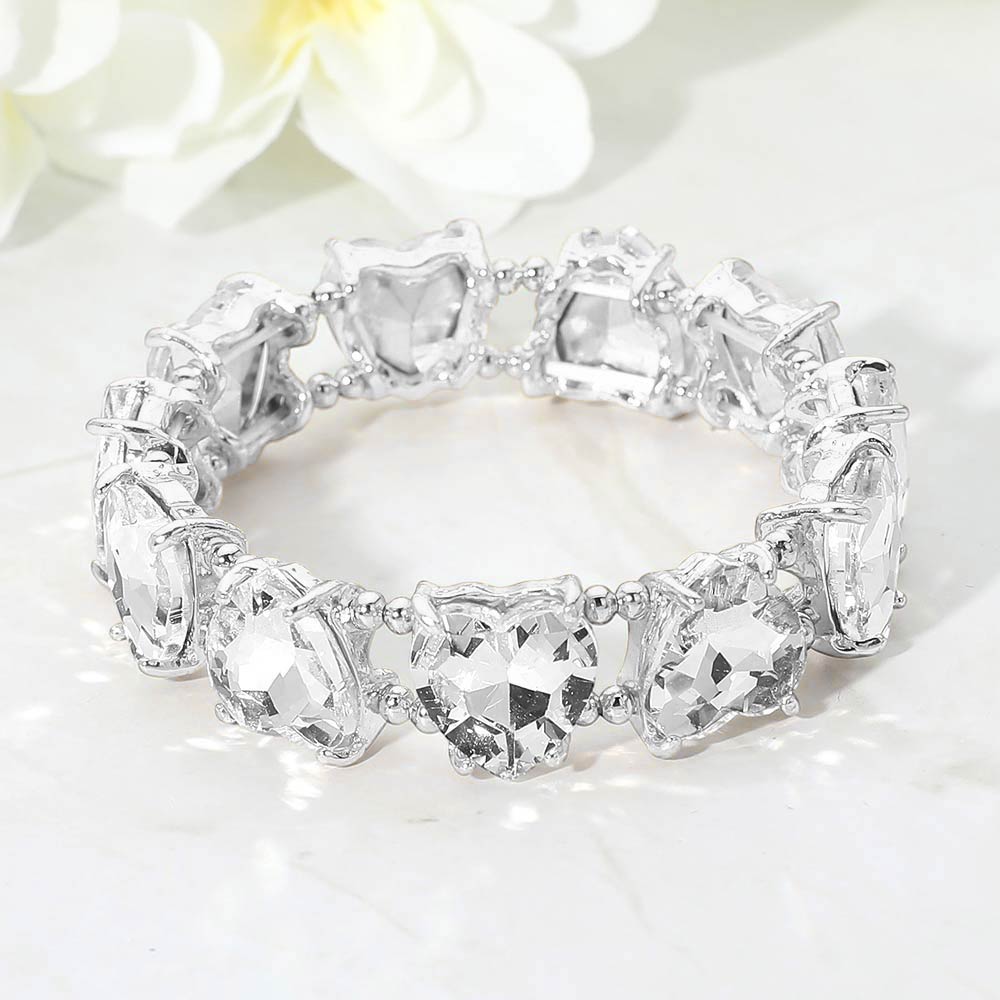 Madeline Love Clear, Silver Heart Stone Cluster Beaded Stretch Evening Bracelet - Bracelets