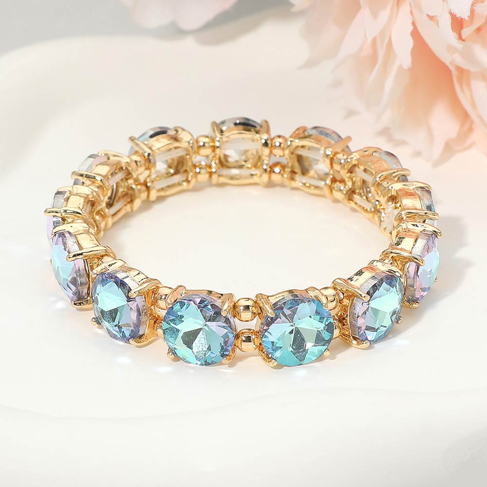 Madeline Love AB, Aqua Round Stone Cluster Beaded Stretch Evening Bracelet - Bracelets
