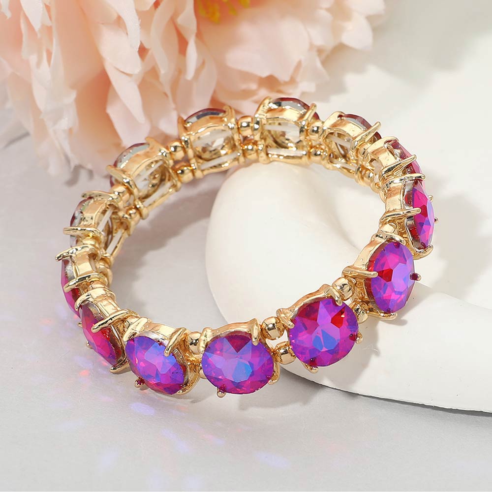 Madeline Love AB, Fuchsia Round Stone Cluster Beaded Stretch Evening Bracelet - Bracelets