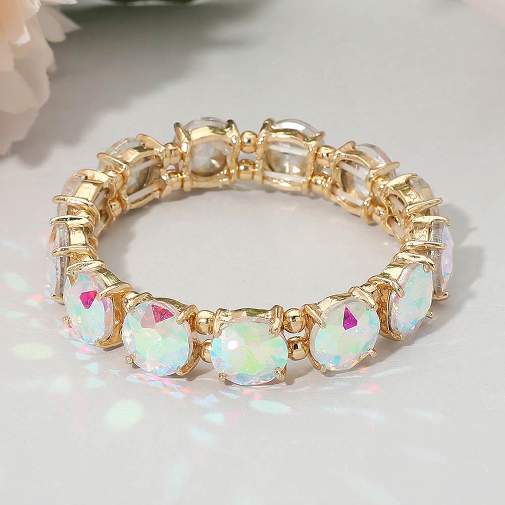Madeline Love AB, Gold Round Stone Cluster Beaded Stretch Evening Bracelet - Bracelets