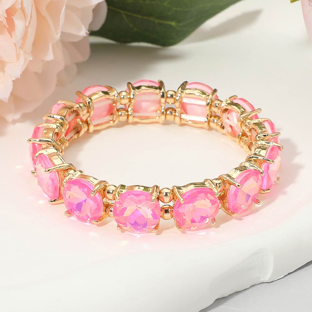 Madeline Love AB, Fuchsia, Neon Round Stone Cluster Beaded Stretch Evening Bracelet - Bracelets
