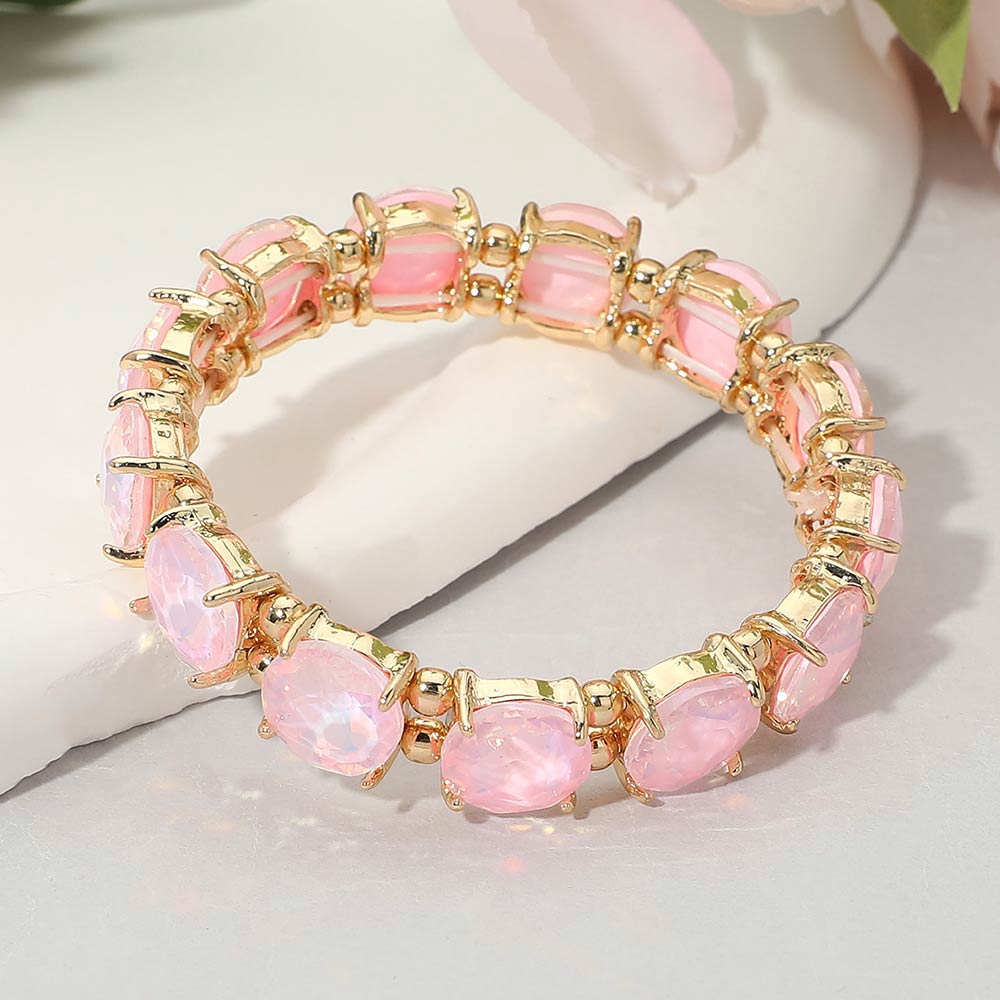 Madeline Love Opal, Pink Round Stone Cluster Beaded Stretch Evening Bracelet - Bracelets