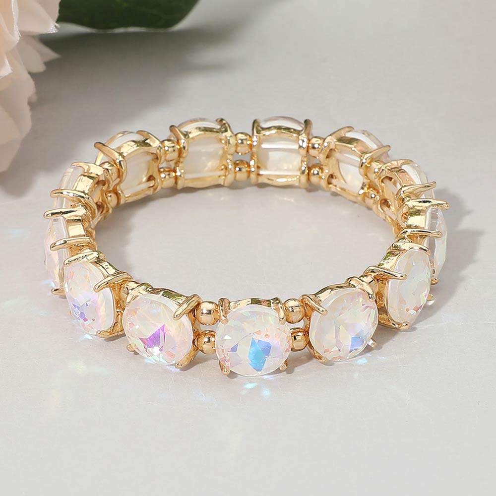 Madeline Love AB, White Round Stone Cluster Beaded Stretch Evening Bracelet - Bracelets