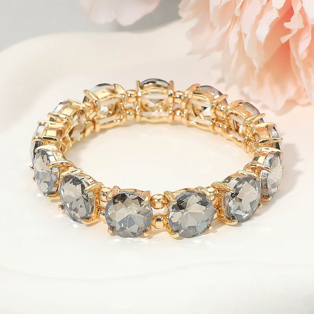Madeline Love AB, Black Diamond Round Stone Cluster Beaded Stretch Evening Bracelet - Bracelets
